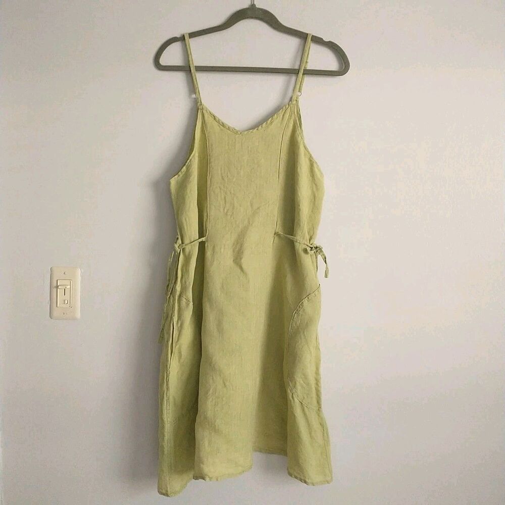 Flax Mini Tank Dress Womens M Green Linen Sleeveless Adjustable Straps Pocket